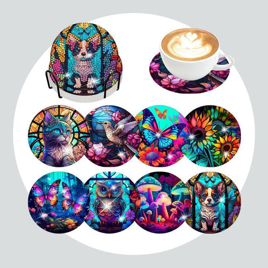 Pintura Terapêutica com Diamantes - Porta Copos (8 unidades) - Animais Coloridos