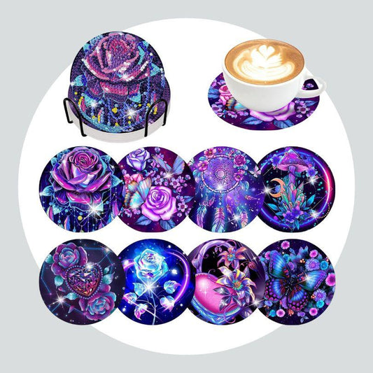 Pintura Terapêutica com Diamantes - Porta Copos (8 unidades) - Flores Psicodélicas