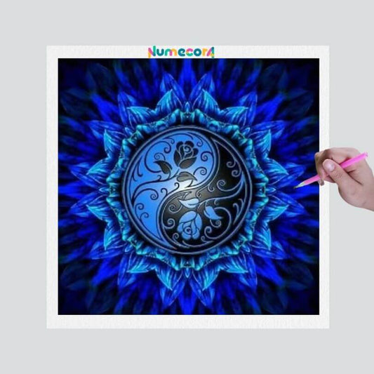 Pintura Terapêutica com Diamantes - Mandala Yin Yang  Azul
