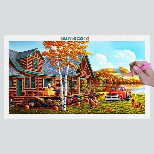 Pintura Terapêutica com Diamantes - Casa no lago Outono