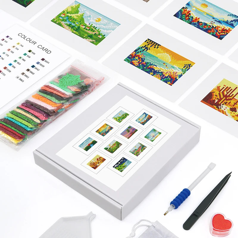 Mini Telas - Conjunto com 10 pcs – Kit Pintura Terapêutica com Diamantes - Pinturinhas Paisagens