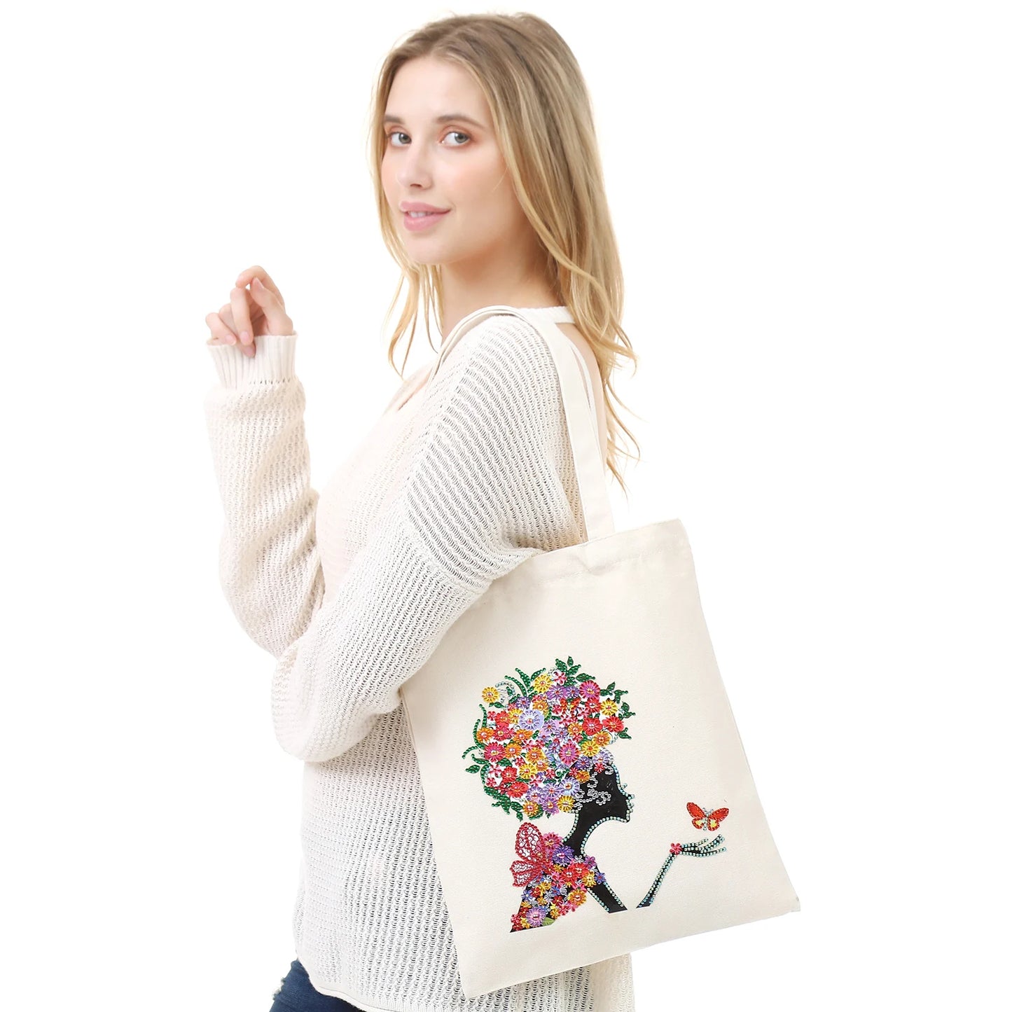 Pintura Terapêutica com Diamantes - Bolsa EcoBag - Mulher e Borboleta
