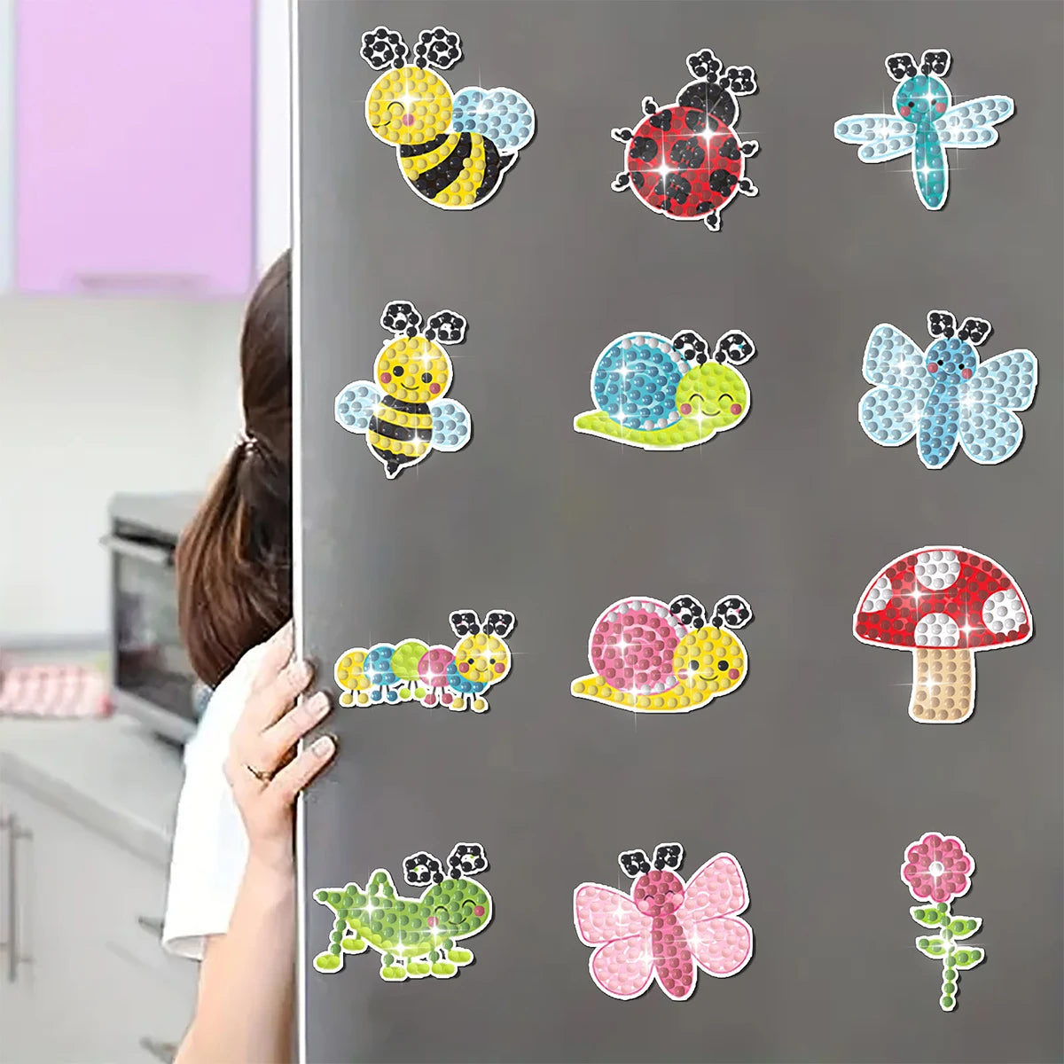 Adesivos Magnéticos ( Ímã de Geladeira) - Kit com 12 - Pintura Terapêutica com Diamantes - Animais do Jardim
