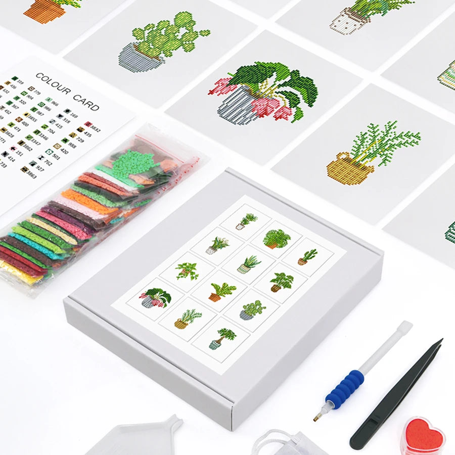 Mini Telas - Conjunto com 12 pcs - Kit Pintura Terapêutica com Diamantes - Pinturinhas Plantas