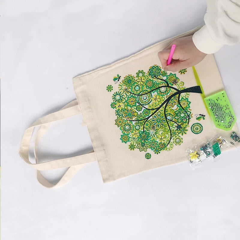 Pintura Terapêutica com Diamantes - Bolsa EcoBag - Árvore Verde