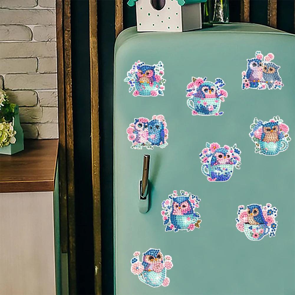 Adesivos Magnéticos ( Ímã de Geladeira) - Kit com 9 - Pintura Terapêutica com Diamantes - Corujas