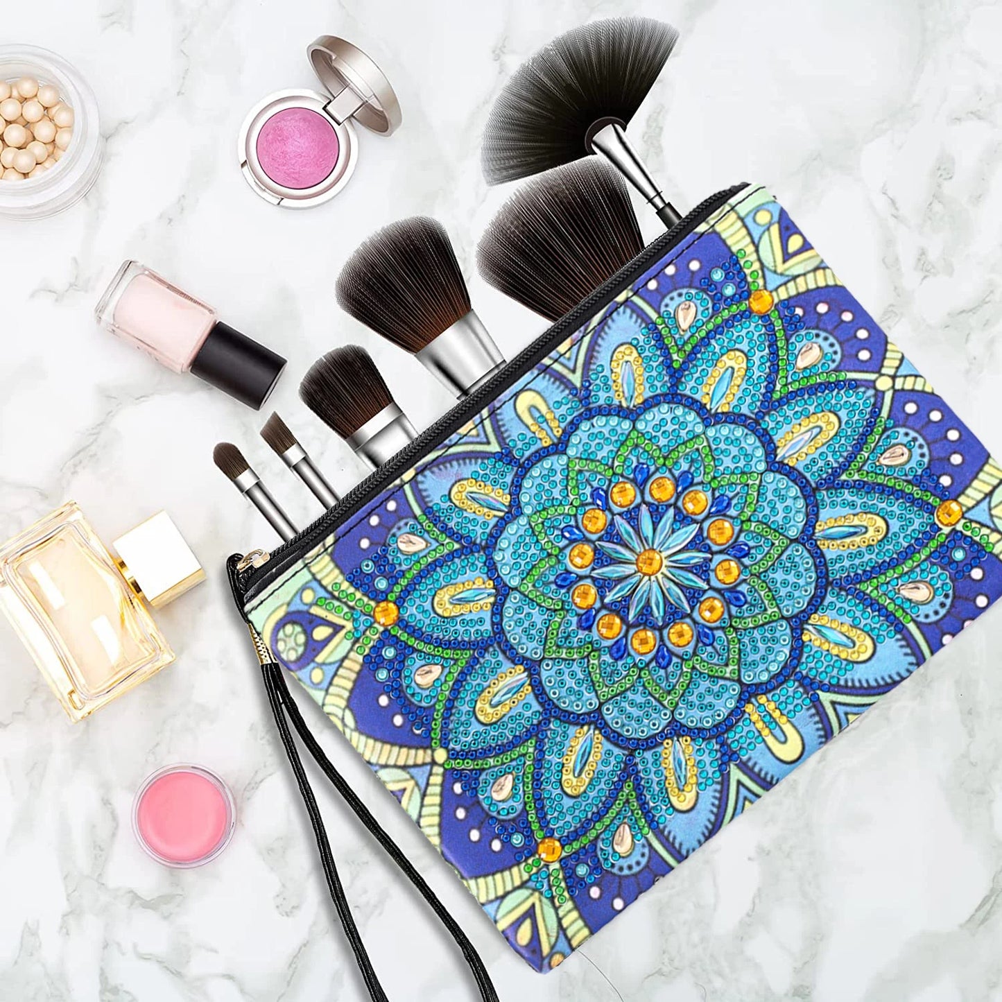 Pintura Terapêutica com Diamantes - Bolsa Mandala Azul - Tela 100% Preenchida