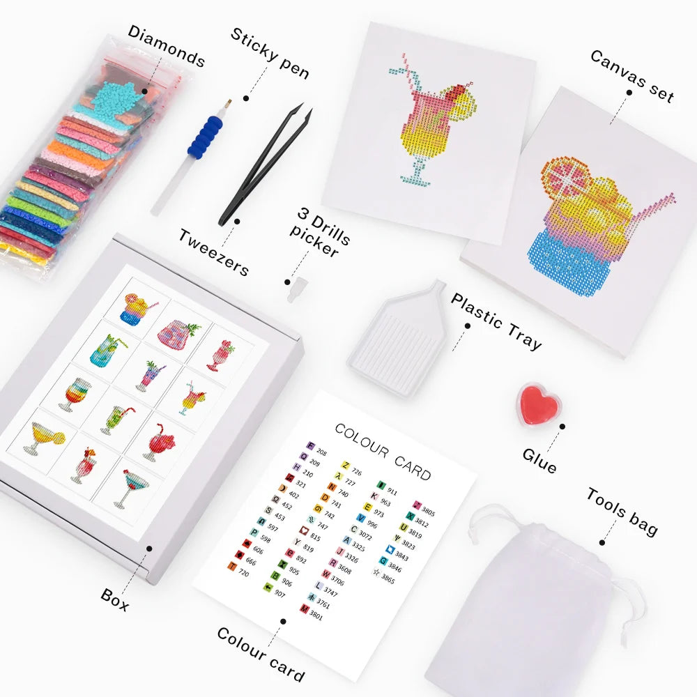Mini Telas - Conjunto com 12 pcs - Kit Pintura Terapêutica com Diamantes - Pinturinhas Drinks