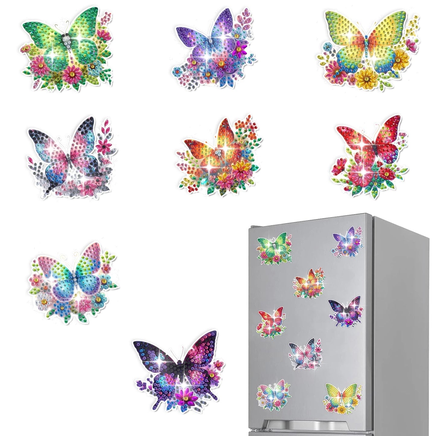 Adesivos Magnéticos ( Ímã de Geladeira) - Kit com 8 - Pintura Terapêutica com Diamantes - Borboletas Brilhantes