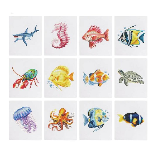 Mini Telas - Conjunto com 12 pcs - Kit Pintura Terapêutica com Diamantes - Pinturinhas Animais Marinhos