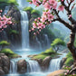 Pintura Terapêutica com Diamantes - Cachoeira com Cerejeira - Tela 100% Preenchida