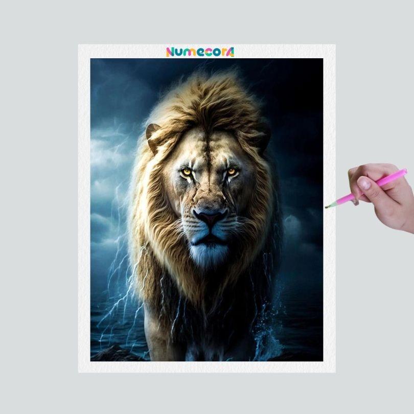 Pintura Terapêutica com Diamantes - Leão Poderoso  - Tela 100% Preenchida