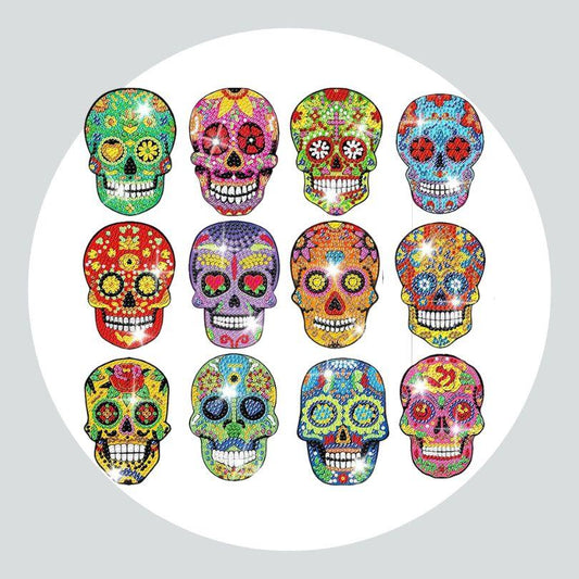 Adesivos Magnéticos ( Ímã de Geladeira) - Kit com 12 - Pintura Terapêutica com Diamantes - Caveiras Mexicanas