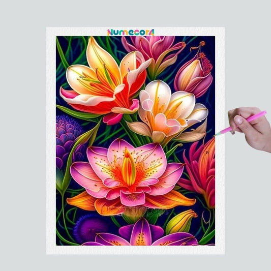 Pintura Terapêutica com Diamantes - Flores Luminosas - Tela 100% Preenchida