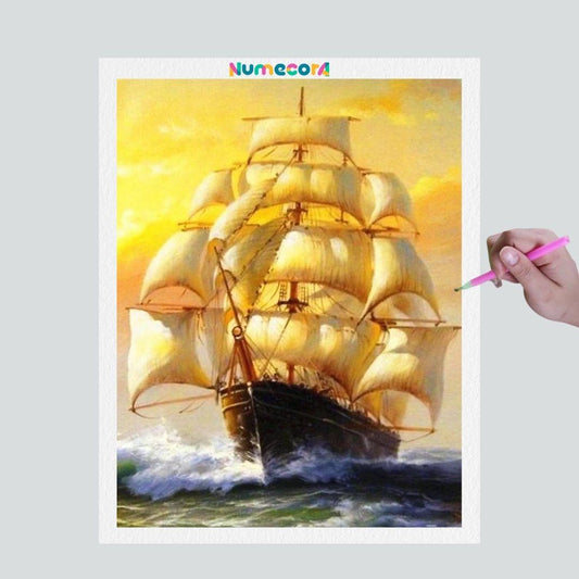 Pintura Terapêutica com Diamantes - Barco no Mar - Tela 100% Preenchida