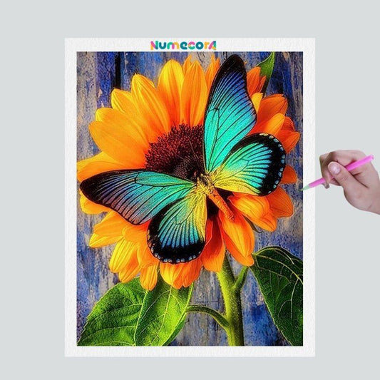 Pintura Terapêutica com Diamantes - Borboleta no Girassol - Tela 100% Preenchida