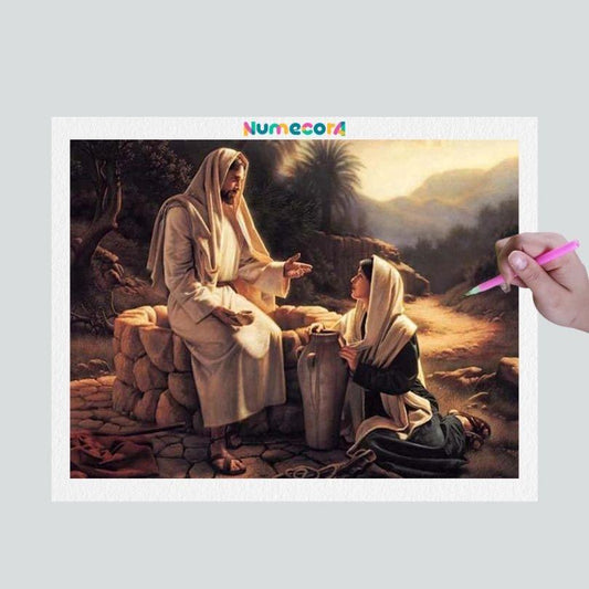Pintura Terapêutica com Diamantes - Jesus e Samaritana - Tela 100% Preenchida