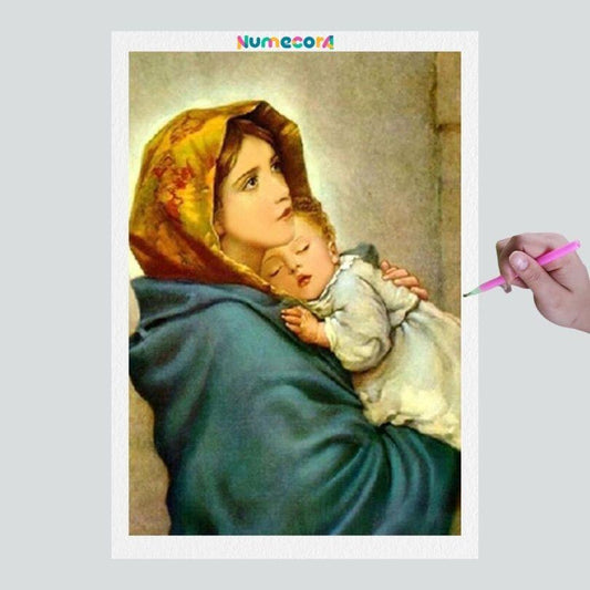 Pintura Terapêutica com Diamantes - Maria com Jesus no Colo  - Tela 100% Preenchida