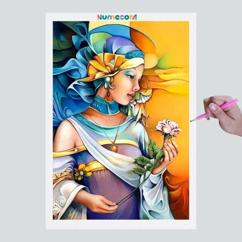Pintura Terapêutica com Diamantes - Mulher e Rosa  - Tela 100% Preenchida