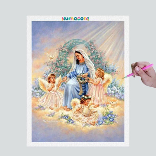 Pintura Terapêutica com Diamantes - Maria e Anjinhos - Tela 100% Preenchida