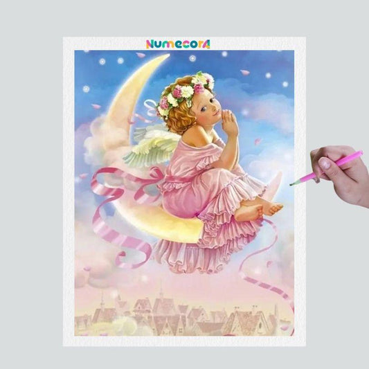 Pintura Terapêutica com Diamantes - Anjinho na Lua - Tela 100% Preenchida