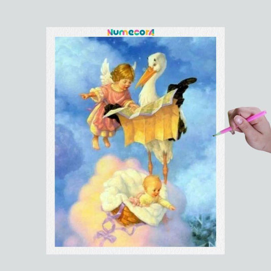 Pintura Terapêutica com Diamantes - Anjinhos e Cegonha - Tela 100% Preenchida