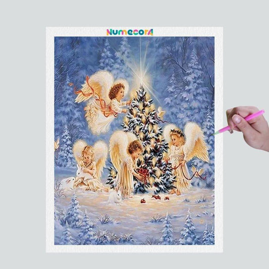 Pintura Terapêutica com Diamantes - Anjinhos e Árvore de Natal - Tela 100% Preenchida