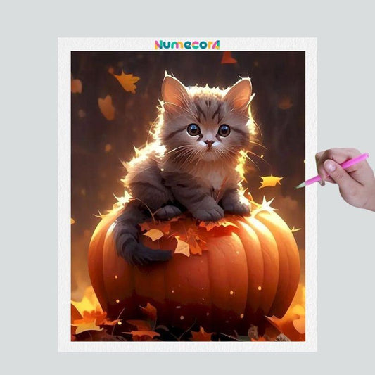 Pintura Terapêutica com Diamantes - Gatinho e Abóbora - Tela 100% Preenchida