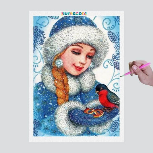 Pintura Terapêutica com Diamantes - Menina no Inverno - Tela 100% Preenchida