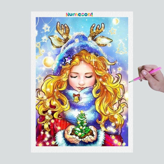 Pintura Terapêutica com Diamantes - Menina Natalina - Tela 100% Preenchida