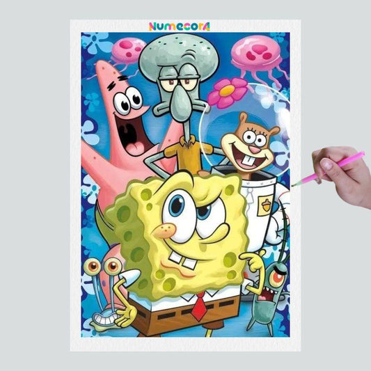 Pintura Terapêutica com Diamantes - Turma do Bob Esponja - Tela 100% Preenchida - Diamante Redondo