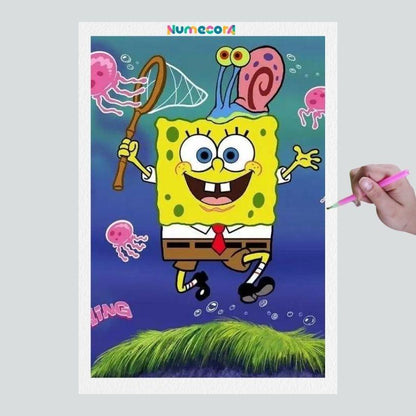 Pintura Terapêutica com Diamantes - Bob Esponja - Tela 100% Preenchida - Diamante Redondo