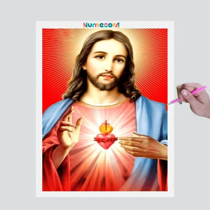 Pintura Terapêutica com Diamantes - Coração de Jesus - Tela 100% Preenchida