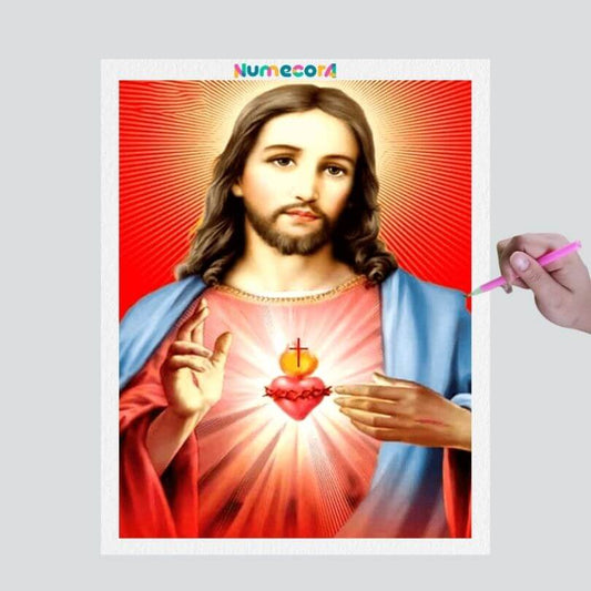 Pintura Terapêutica com Diamantes - Coração de Jesus - Tela 100% Preenchida