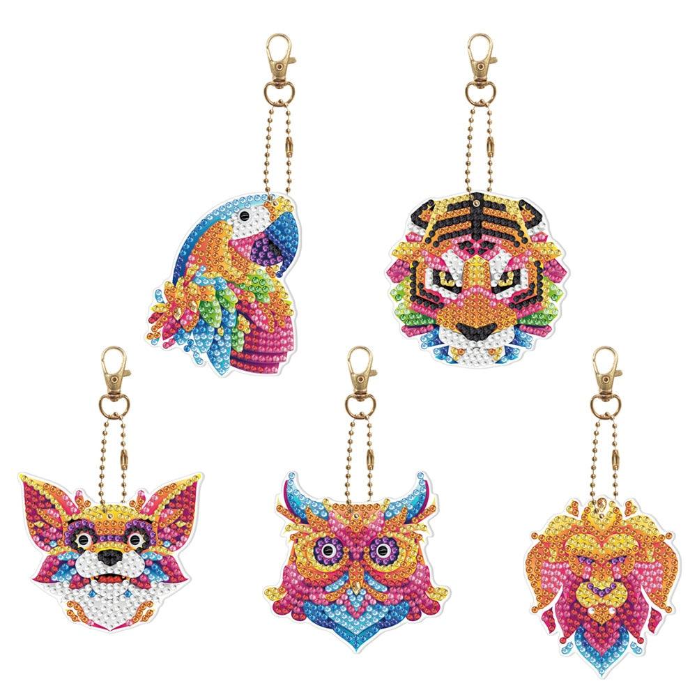 Chaveiros Pintura Terapêutica com Diamantes - Animais Coloridos - Kit com 5