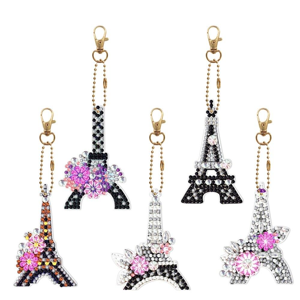 Chaveiros Pintura Terapêutica com Diamantes - Torre Eiffel - Kit com 5