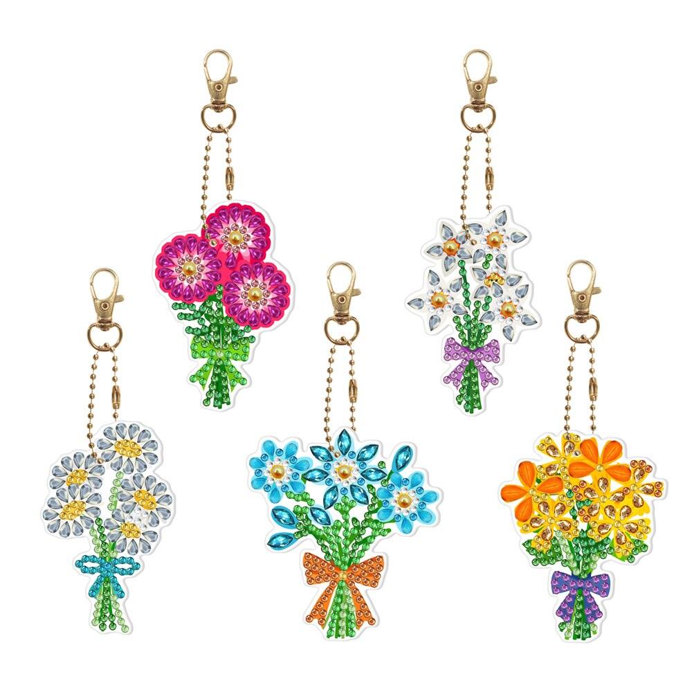 Chaveiros Pintura Terapêutica com Diamantes - Flores - Kit com 5
