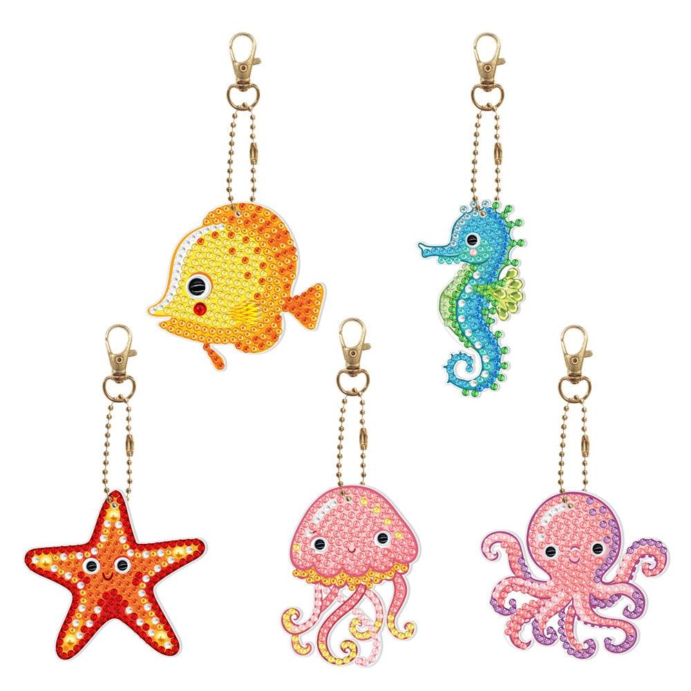 Chaveiros Pintura Terapêutica com Diamantes - Animais Marinhos - Kit com 5