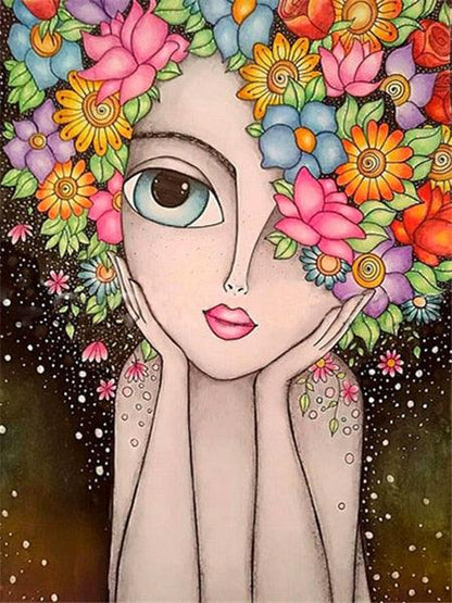 Pintura Terapêutica com Diamantes - Menina com Cabelo de Flores
