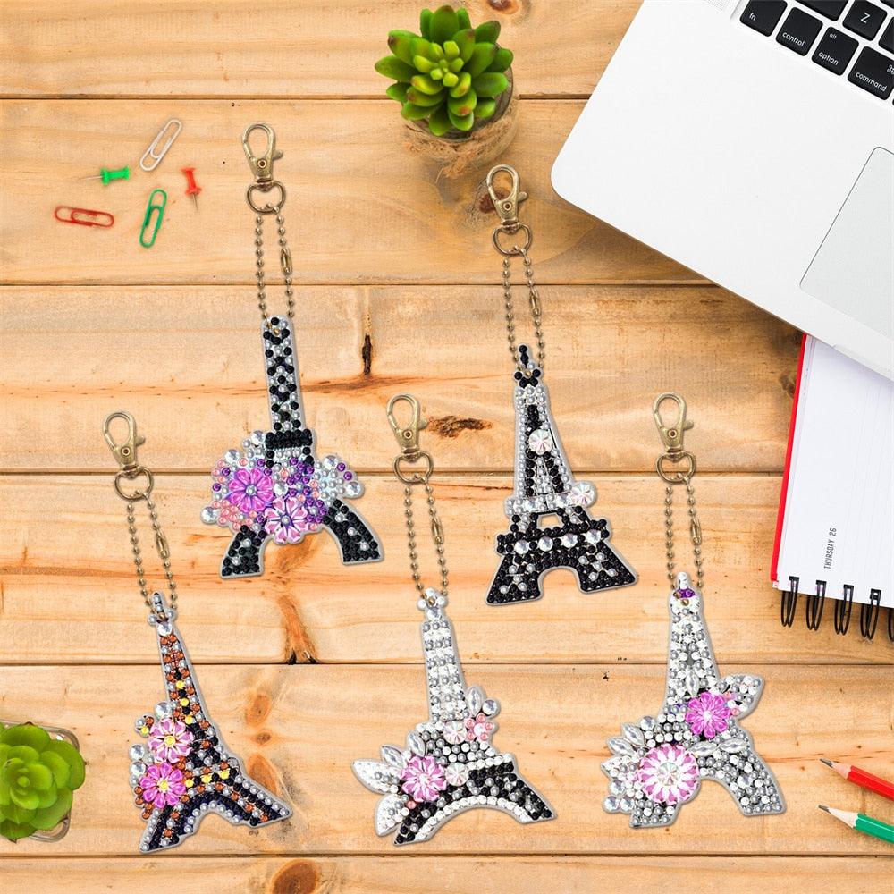 Chaveiros Pintura Terapêutica com Diamantes - Torre Eiffel - Kit com 5