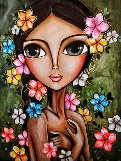 Pintura Terapêutica com Diamantes - Menina com Flores no Cabelo